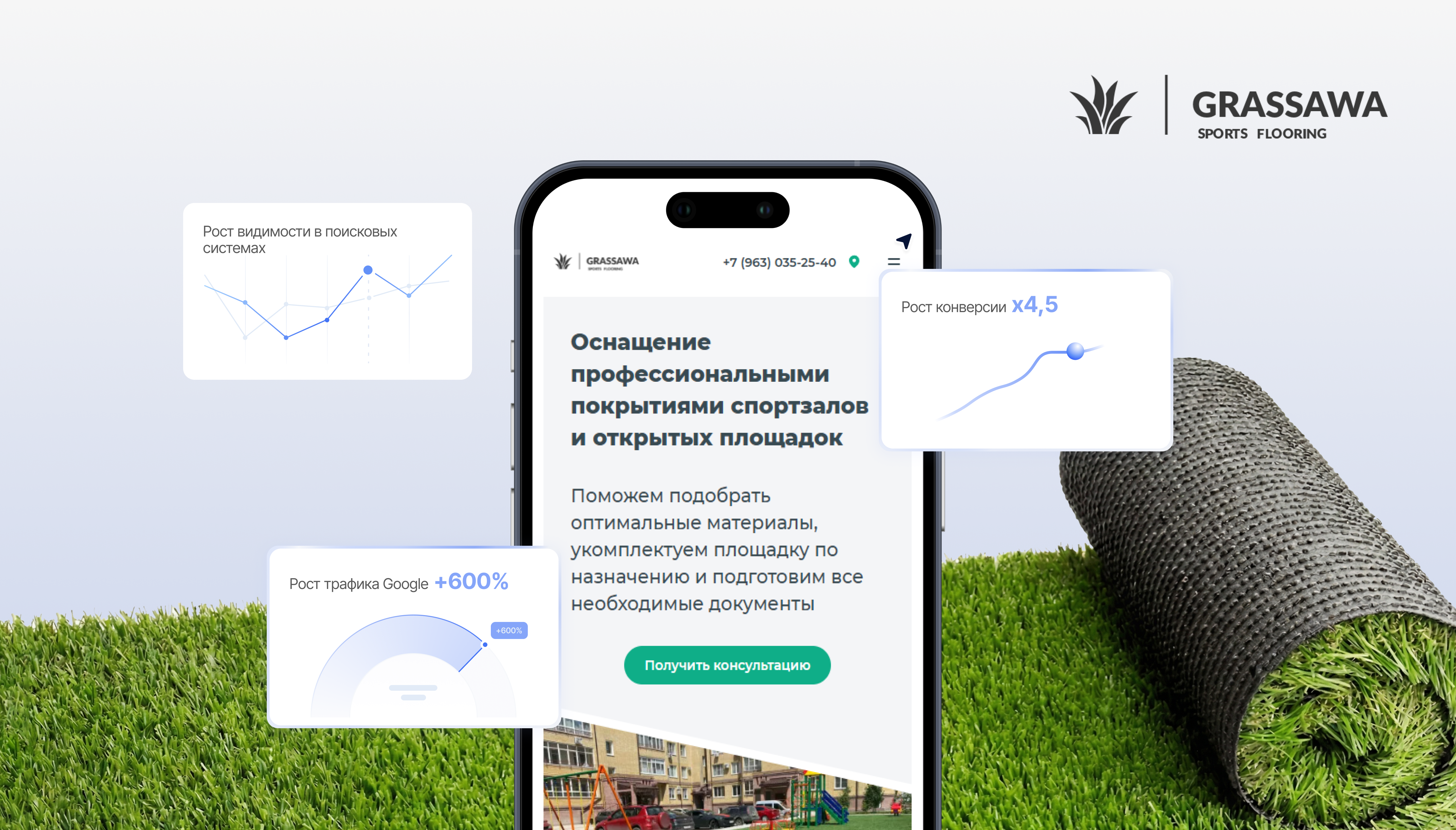 Кейс Grassawa: мобильная версия сайта спортивных покрытий, рост видимости в поиске, трафика Google на 600% и конверсии в 4,5 раза